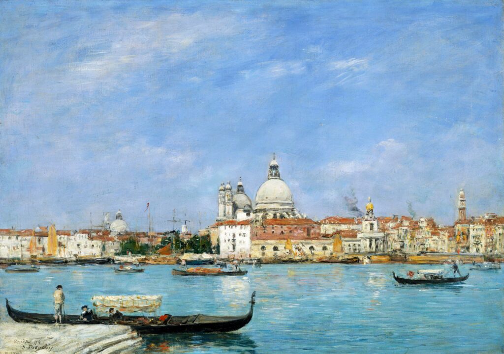 ein Ölgemälde, das Venedig um 1895 zeigt, im Vordergrund eine Gondel mit Personen, dahinter die Lagune und die Kirche Santa Maria della Salute und weitere zahlreiche Gebäude der Stadt