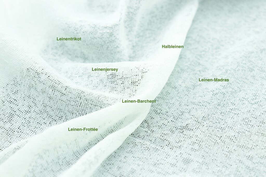ein weißes Gewebe liegt vollflächig, leicht unruhig über der gesamten Fläche, darauf sind Texte mit Leinen-Mischgeweben platziert