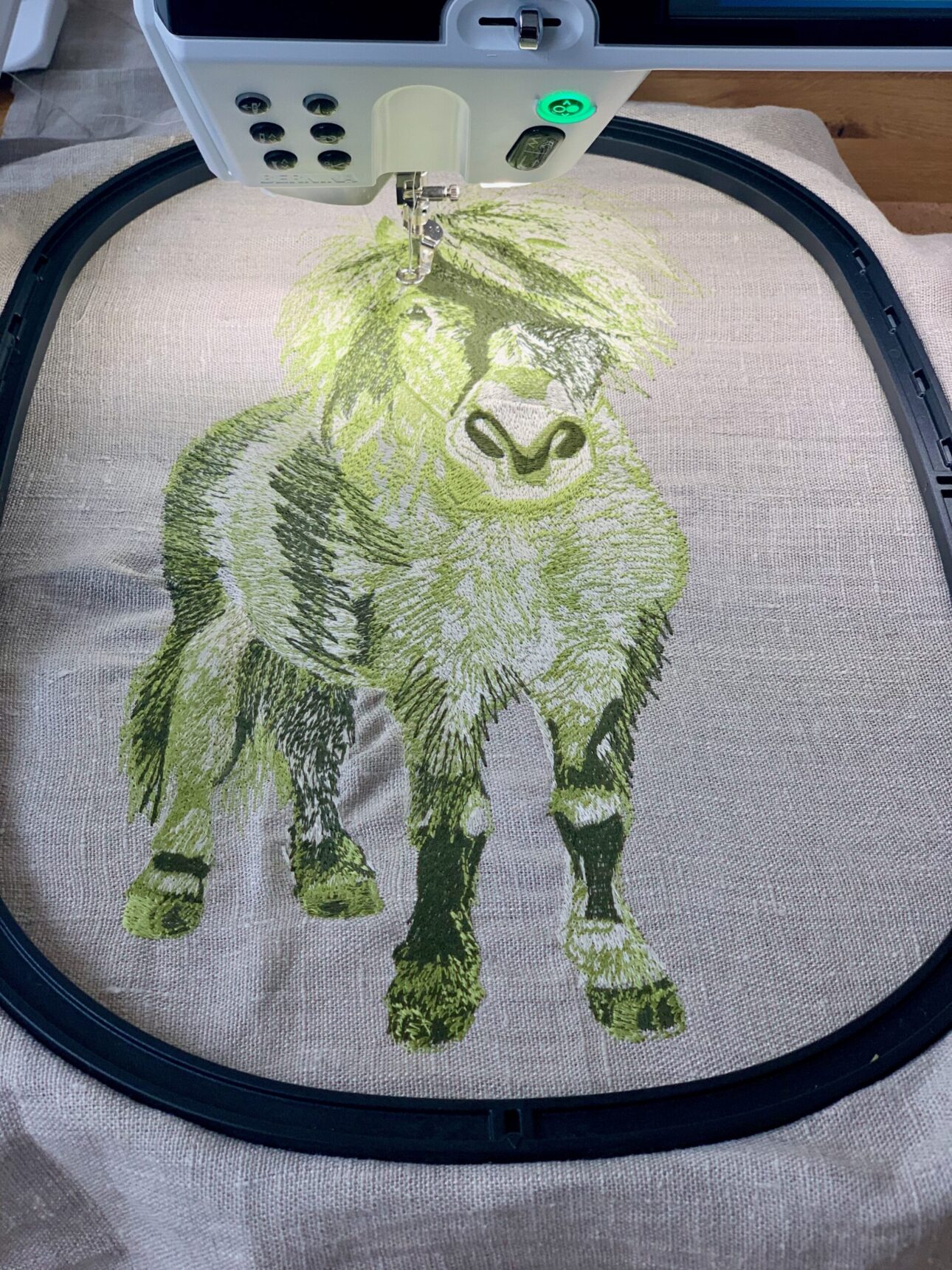 Leinenstickerei à la grünes Pony